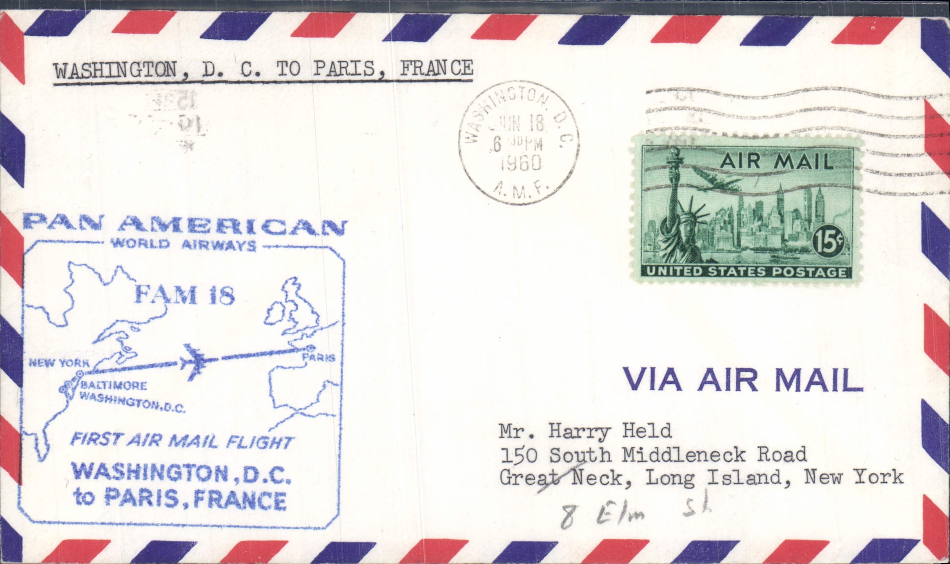 Washington, D.C. a Parigi, Francia — Primo volo postale Pan American World Airways — Editore Pan American World Airways, n° FAM 18