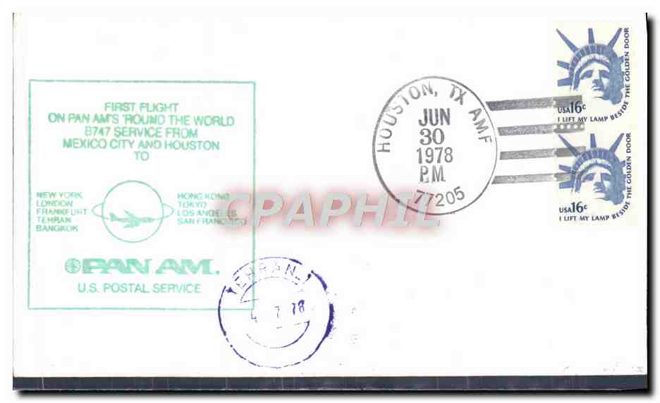 Lettre Etats Unis 1st Flight B747 Mexico Houston PAN NAM Teheran Iran 1 7 78