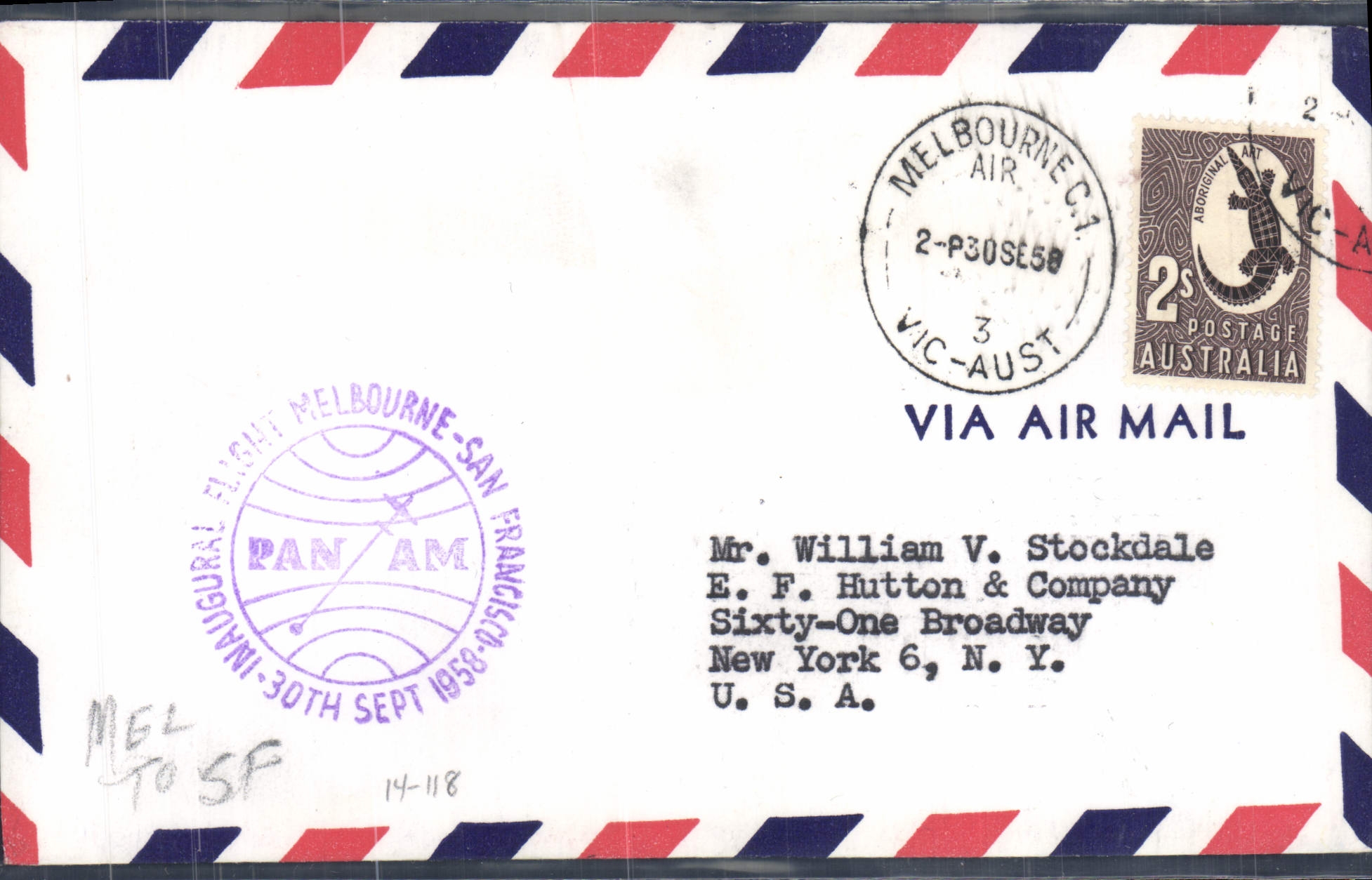 Melbourne - San Francisco - Inaugural Pan Am Flight - 30th Sept 1958 — éditeur Pan Am, n° de série 2-P30SE58