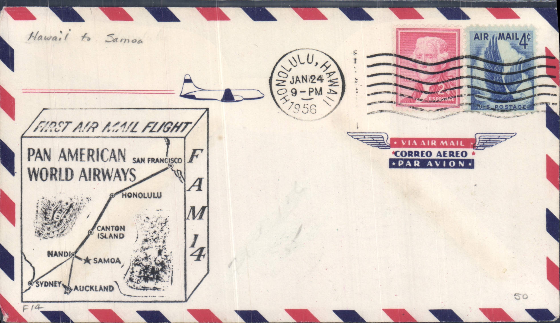 Premier vol postal aérien Pan American World Airways — Honolulu à Samoa — 24 janvier 1956