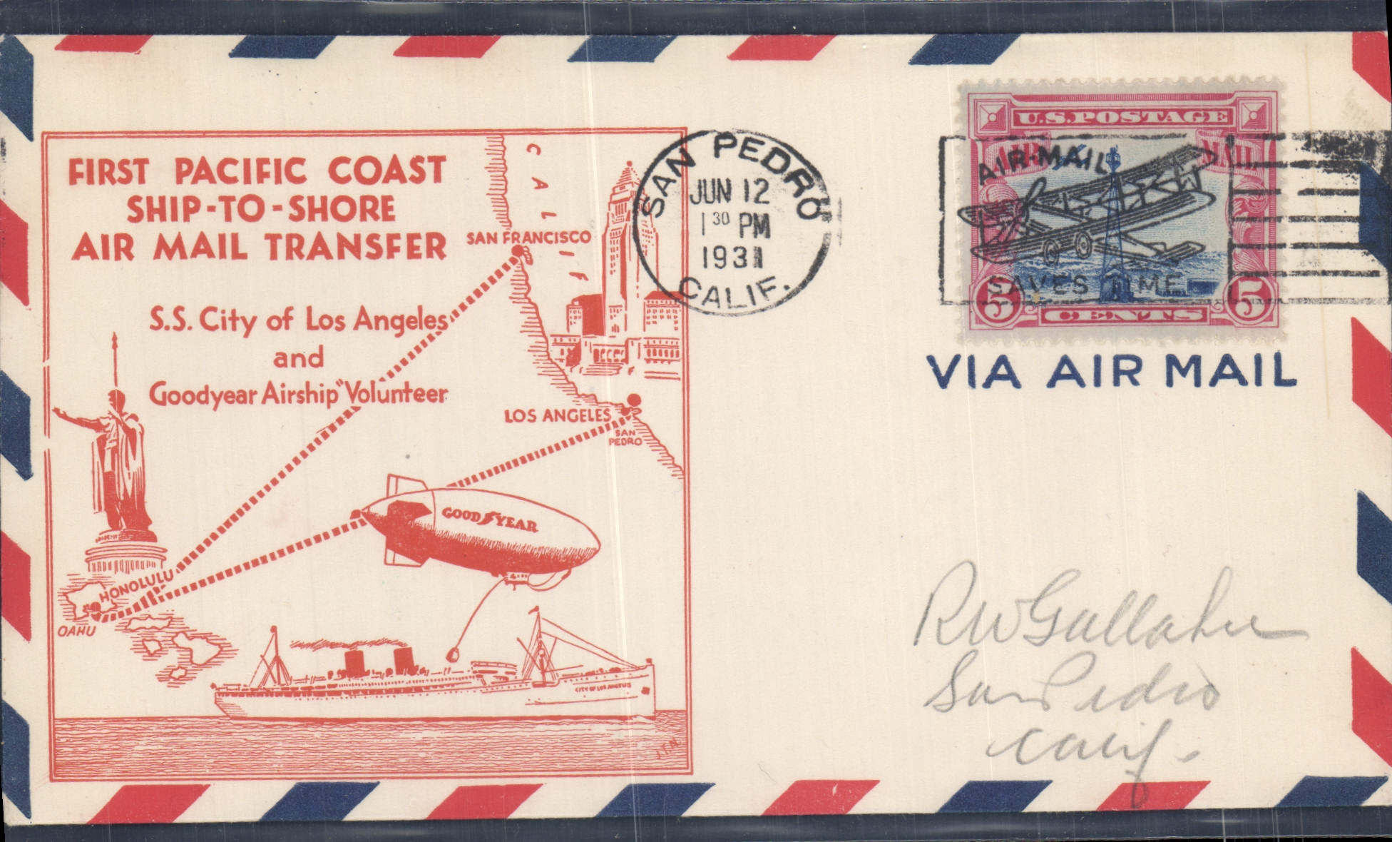 Lettre Etats Unis SS City of Los Angeles Goodyear Airship Zeppelin Dirigeable 12 6 1931