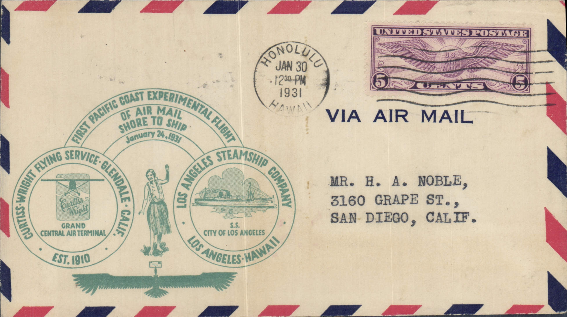 Lettre Etats Unis Los Angeles Hawaii 30 1 1931 
