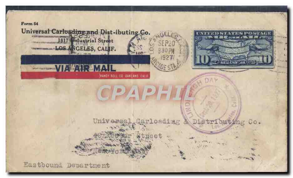 Lettre Los Angeles to New York 20 9 1927 Cachet Lindbergh Day 20 9 1927 Los Angeles Cal
