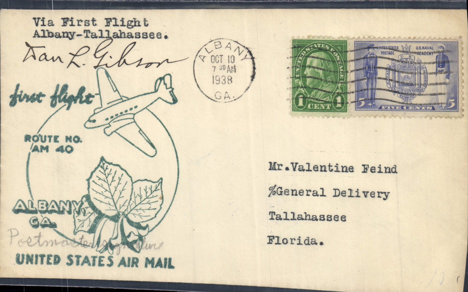 Lettre Etats Unis Albany Tallahassee 10 10 1938