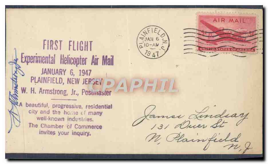 Lettre Etats Unis Helicopter Air Mail Plainfield New Jersey Signe Armstrong 6 1 1947 Helicoptere 
