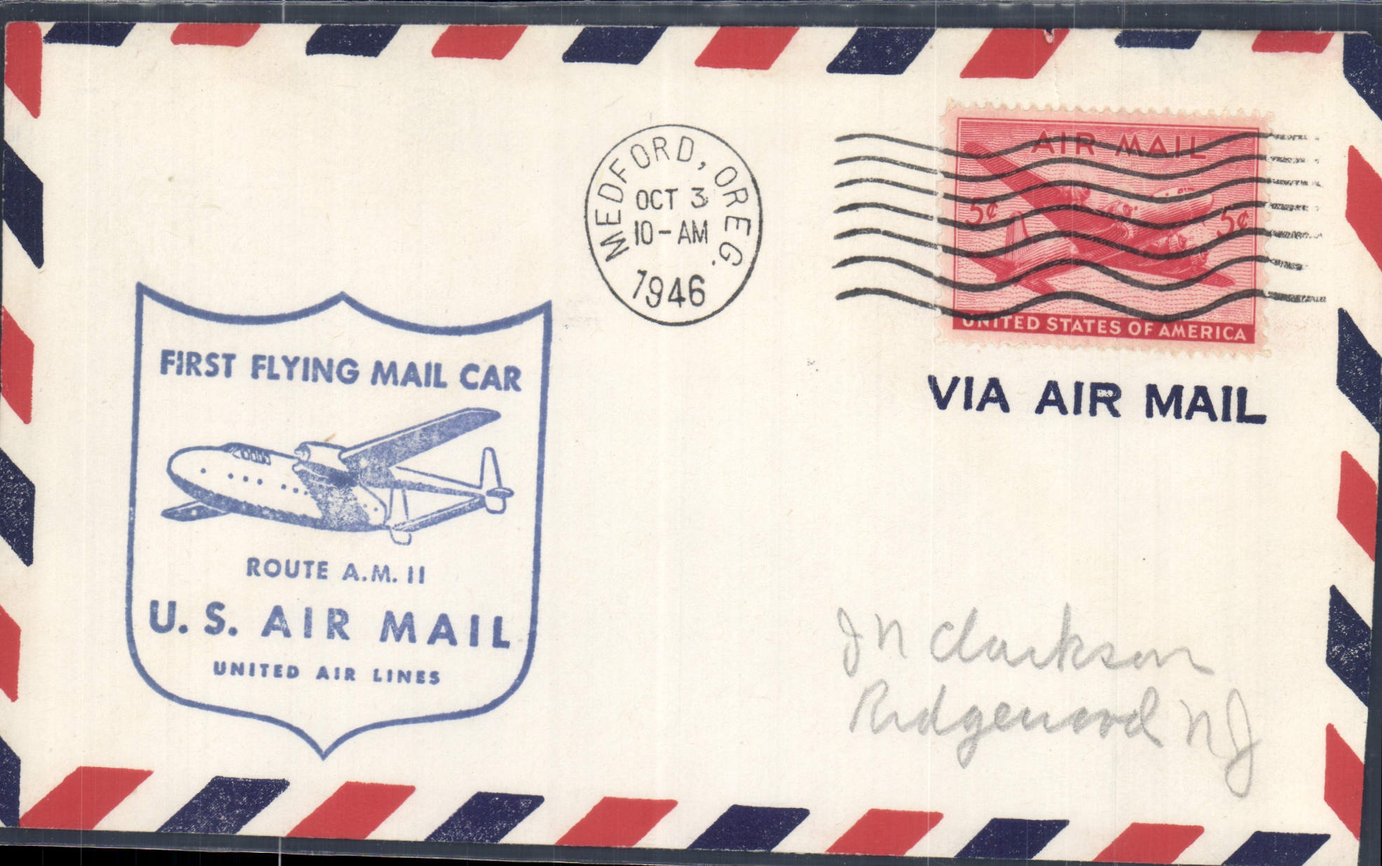 First aerial postal vehicle — United Air Lines — Route A.M. II — Medford, Oregon — 3 October 1946
