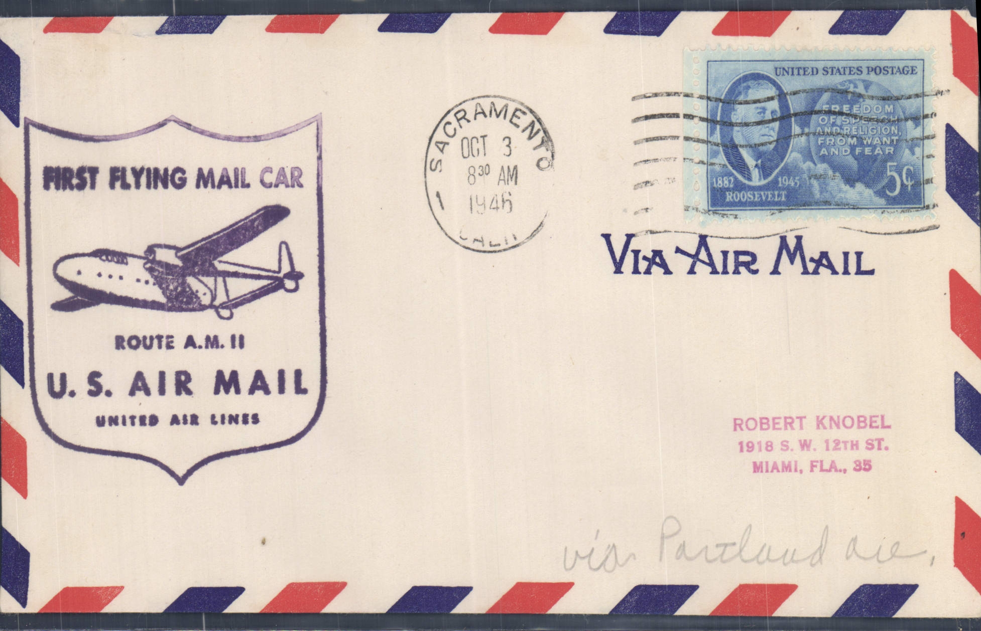 Eerste luchtpostvoertuig — Route A.M. II — United Air Lines — Sacramento, 3 oktober 1946