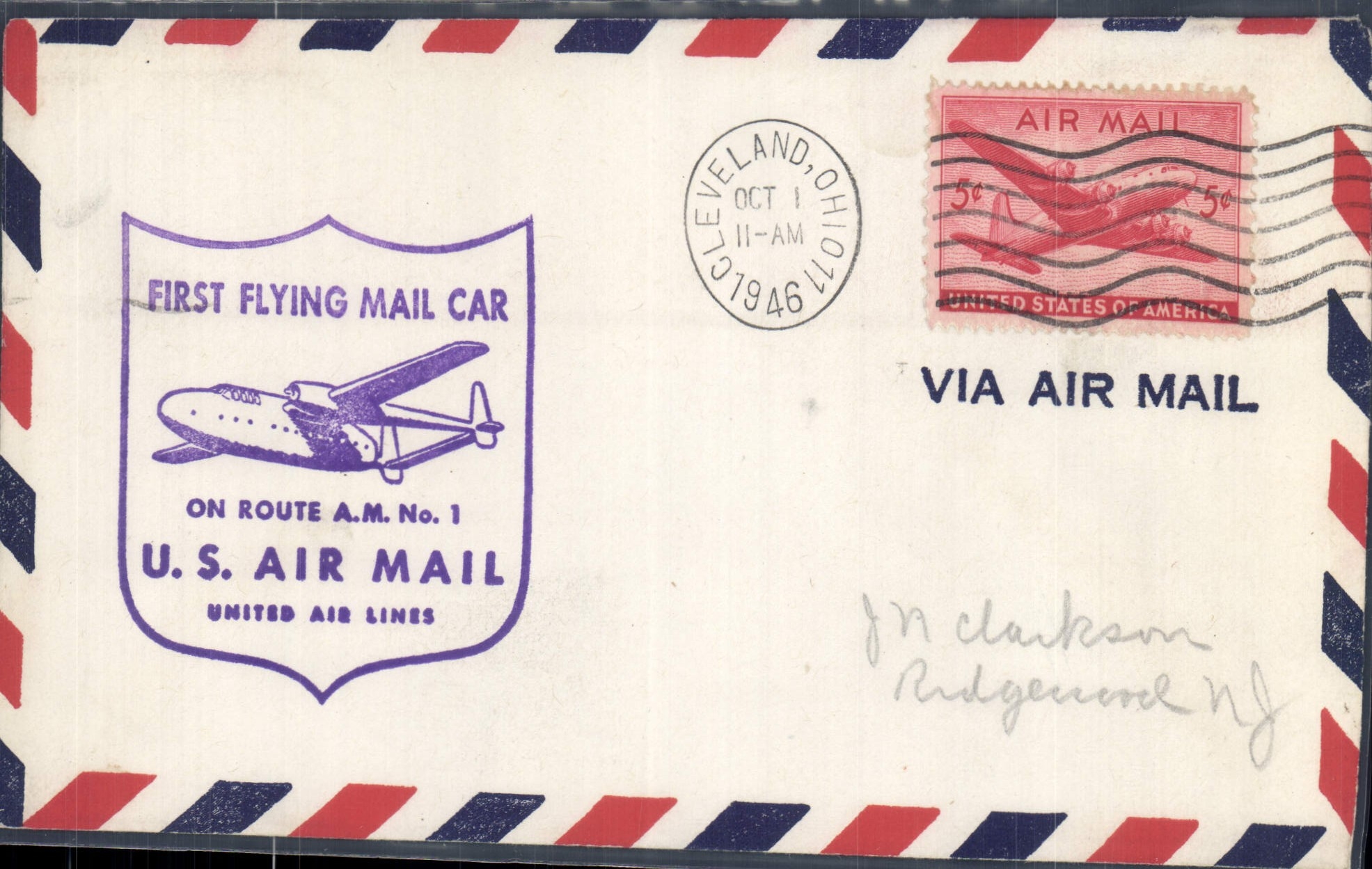 Lettre Etats Unis AM11 Cleveland to Ridgwood NJ 1 10 1946