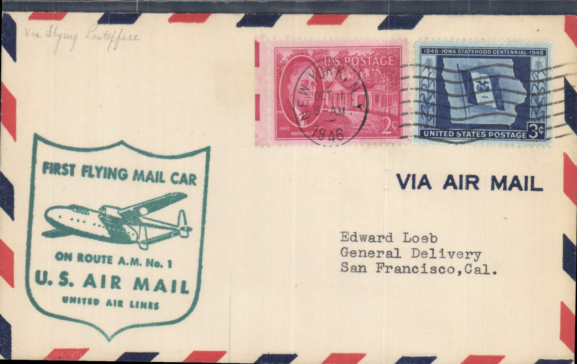 Lettre Etats Unis AM11 New York to San Francisco 1 10 1946