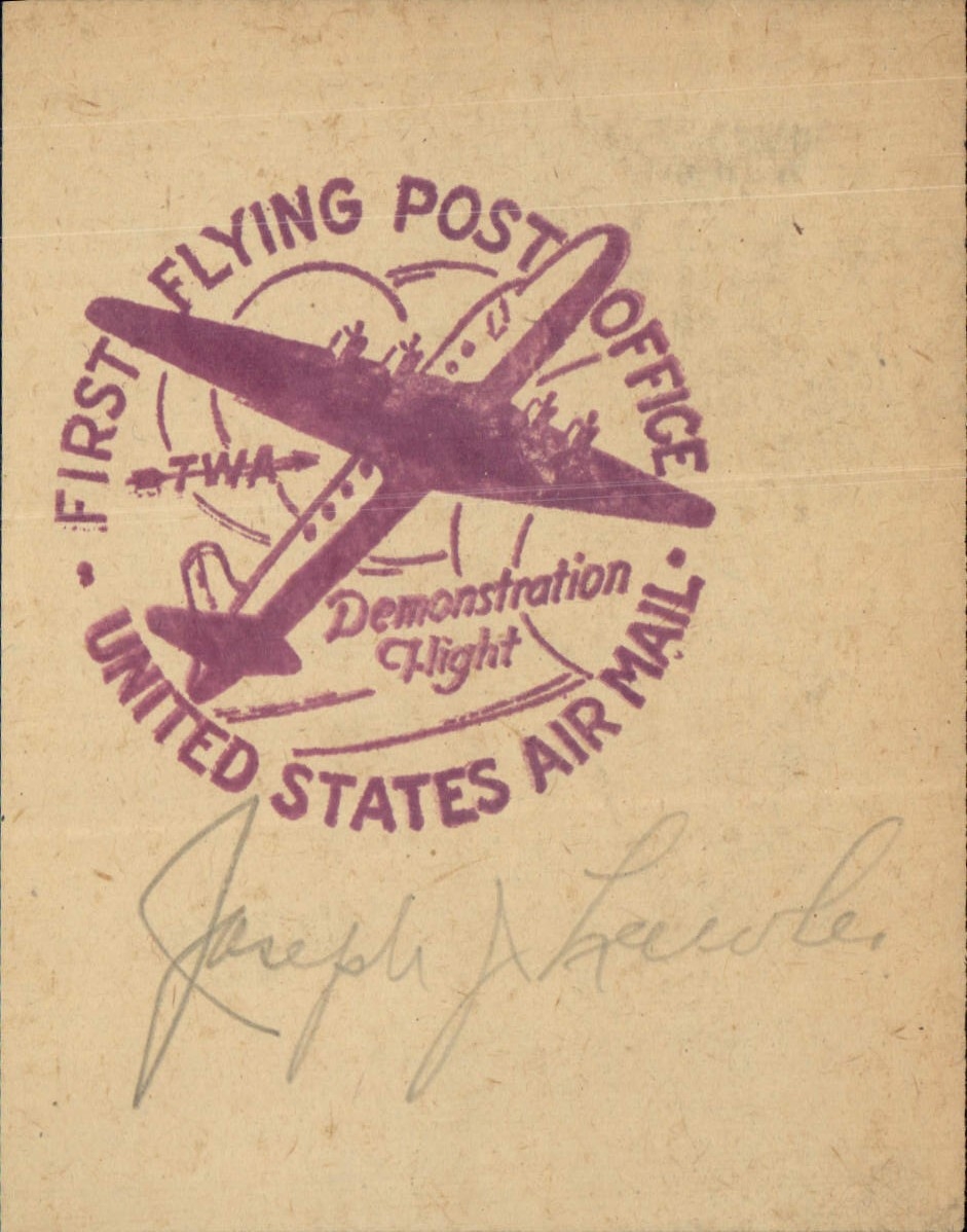 Eerste luchtbriefpostvlucht TWA — Luchtbriefkantoor van de Verenigde Staten — handtekening van Joseph P. Kennedy