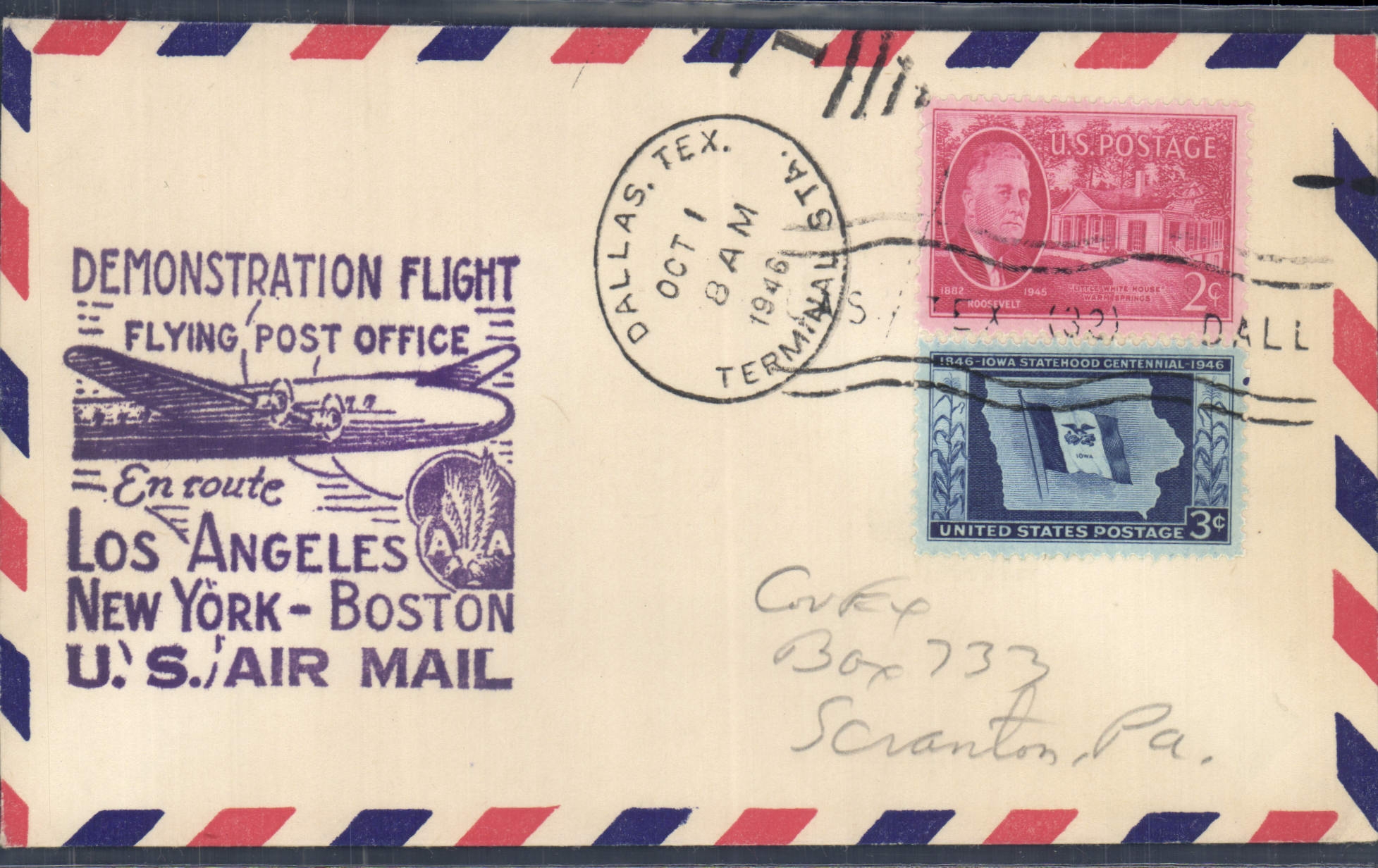 Demonstration Flight - Los Angeles - New York - Boston — U.S. Air Mail — Dallas, Texas, Oktober 1946
