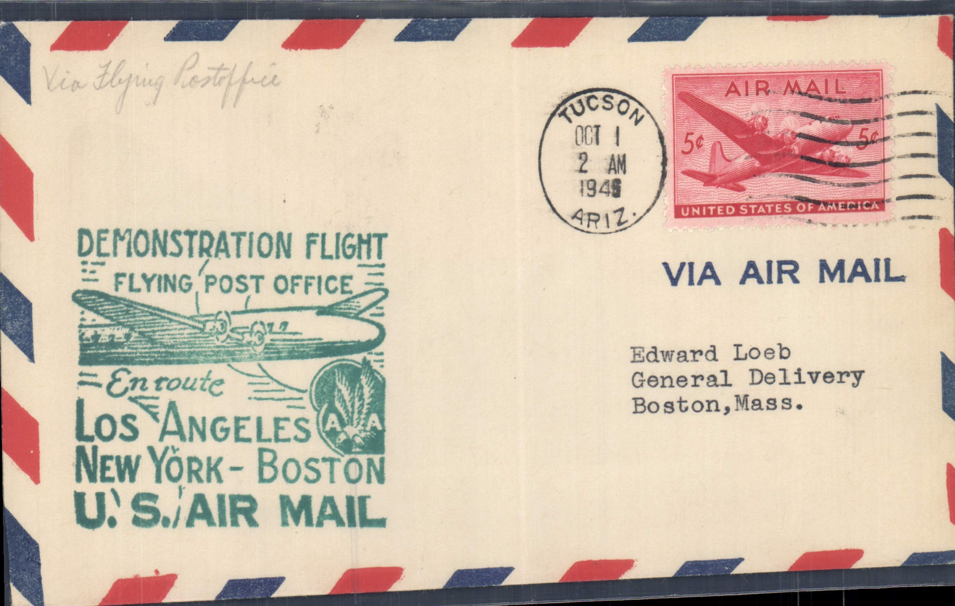Demostración Flight - Correo aéreo en ruta Los Angeles - New York - Boston — U.S. Air Mail, Tucson, 1° de octubre de 1949