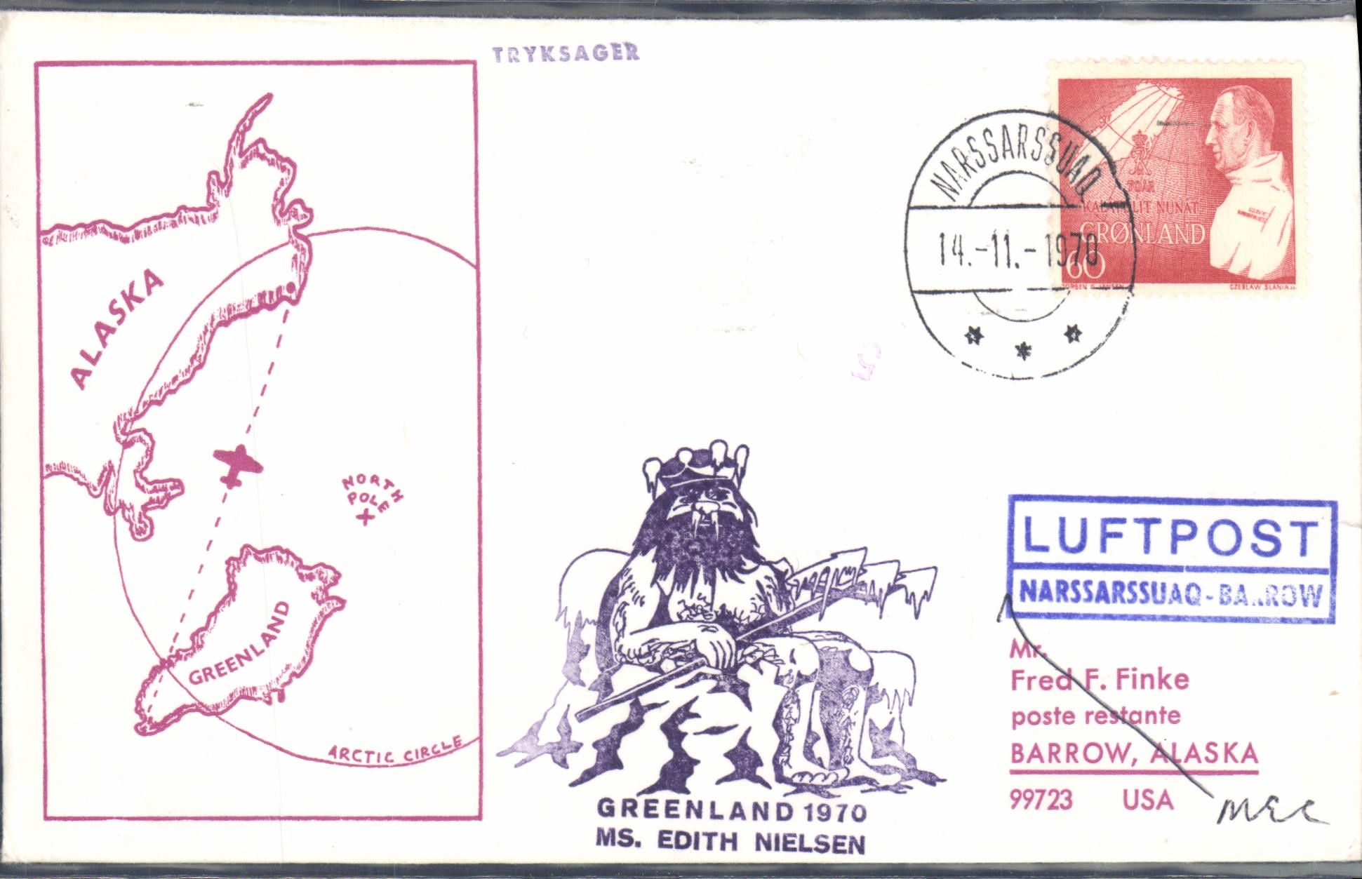 Lettre Groeland Ms Edith Nielsen 14 11 1970 Narssarquas Barrow Alsaka