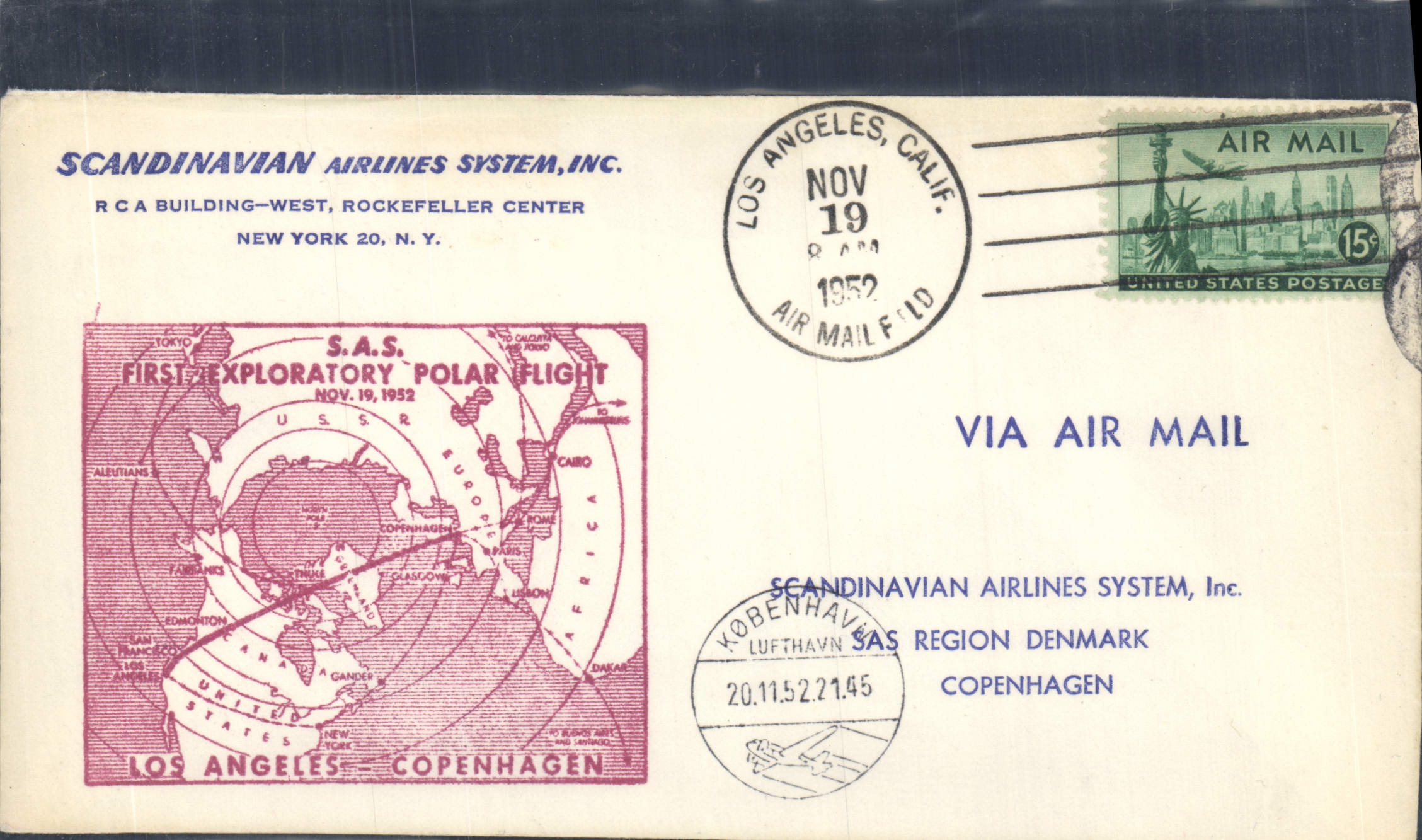 Lettre Etats unis Scandinavian Arlines Polar Flight 19 11 1952