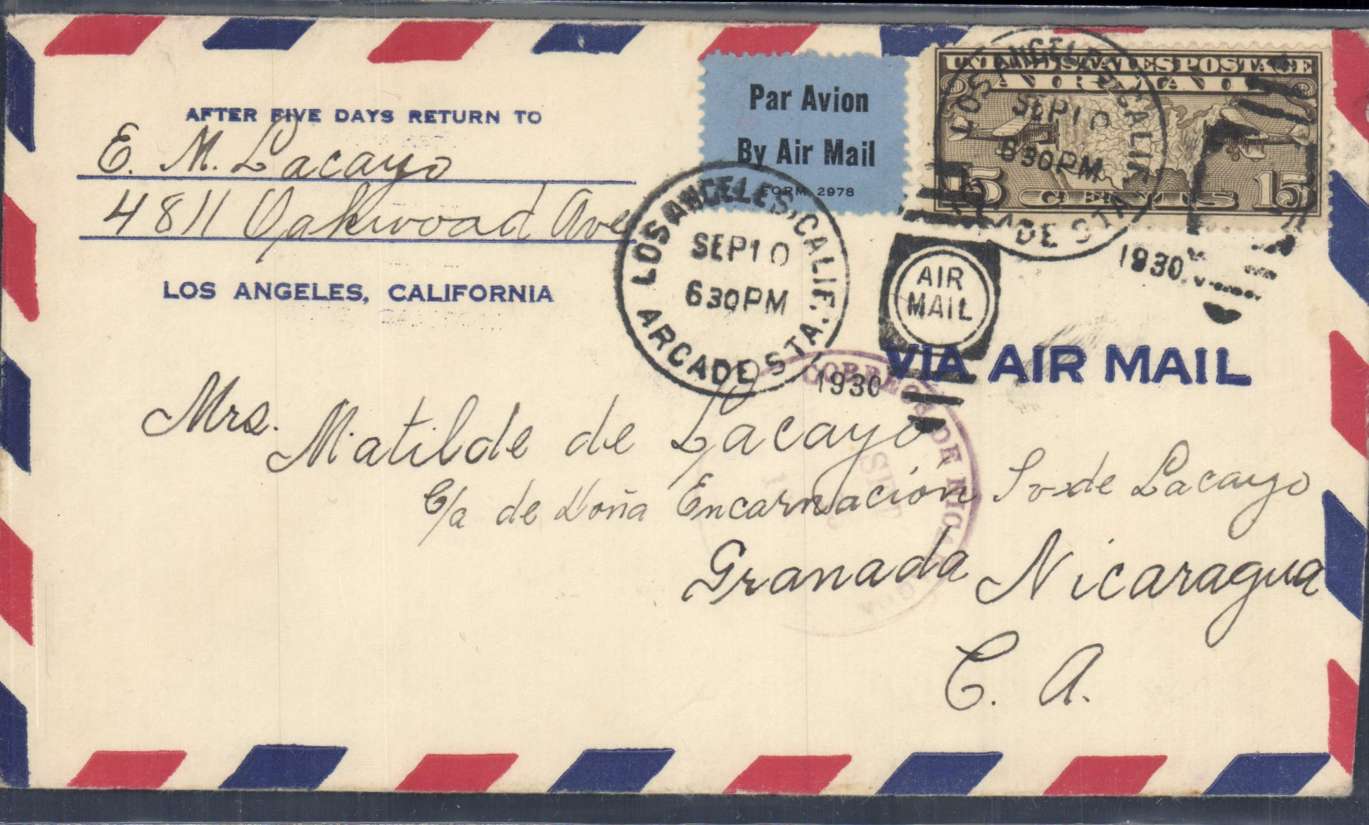 Los Angeles — luchtvervoer naar Granada, Nicaragua — Amerikaanse post 1930