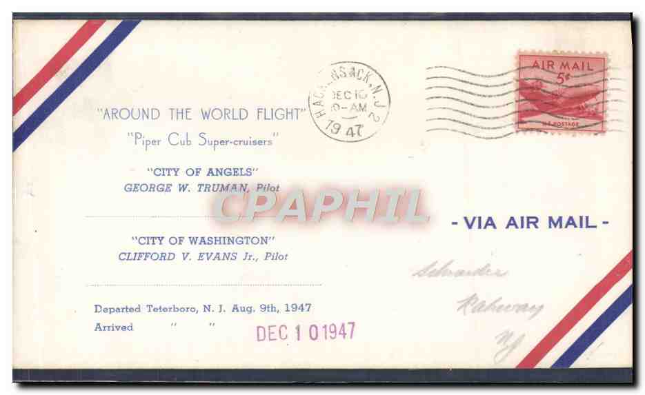 Lettre Etats Unis Around the world flight Piper Super cruisers City of Angels Truma Washington Clifford Evans 10 11 1947
