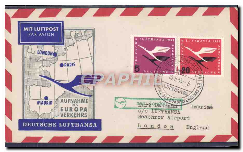 Lettre Lufthansa London Paris Madrid 16 5 55 
