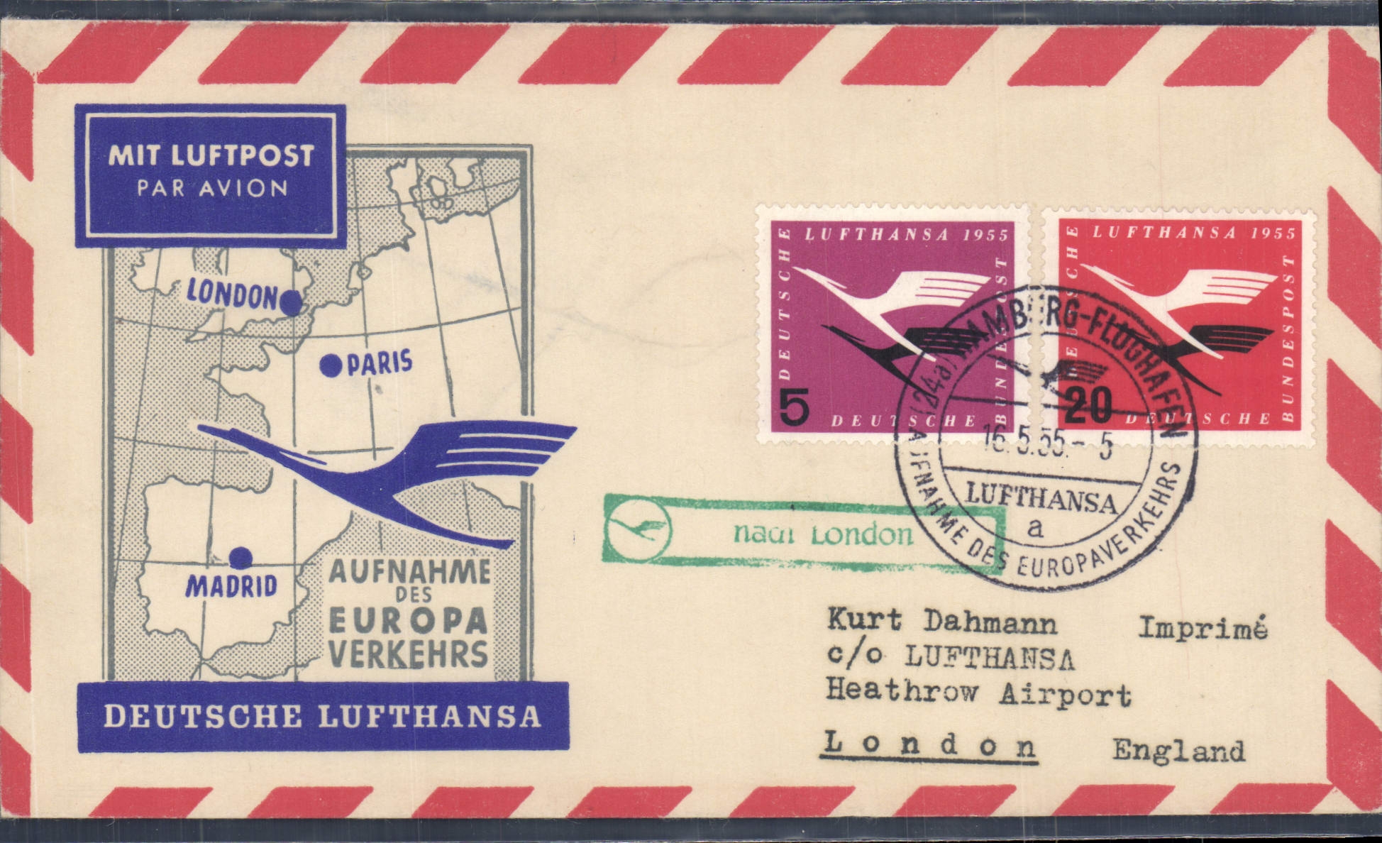 Lettre Lufthansa London Paris Madrid 16 5 55 