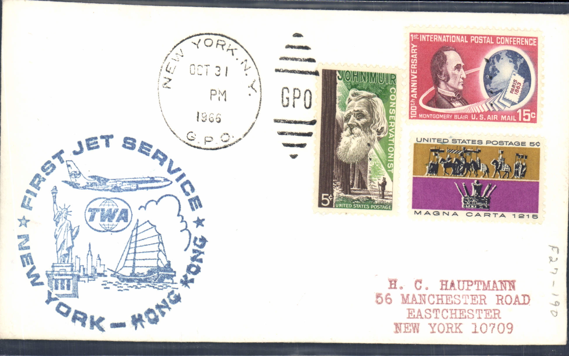 New York - Hong Kong - First jet service TWA — 100th anniversary of the International Postal Conference — 1966