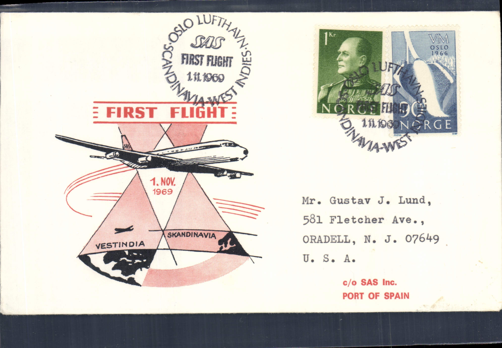 Lettre Norvege 1st Flight Vestindia 1 11 1969