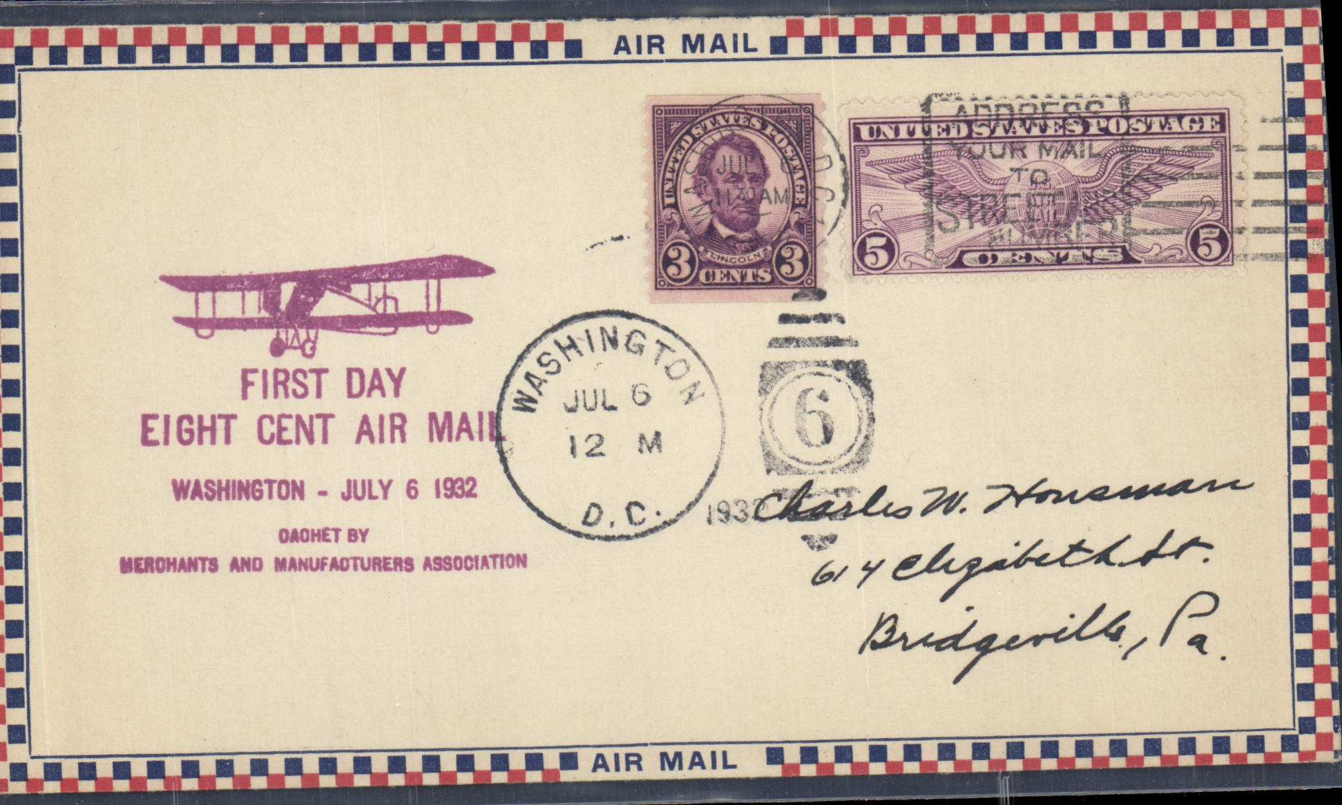 Premier jour de l'aviation postale — Washington — 6 juillet 1932 — édité par Merchants and Manufacturers Association