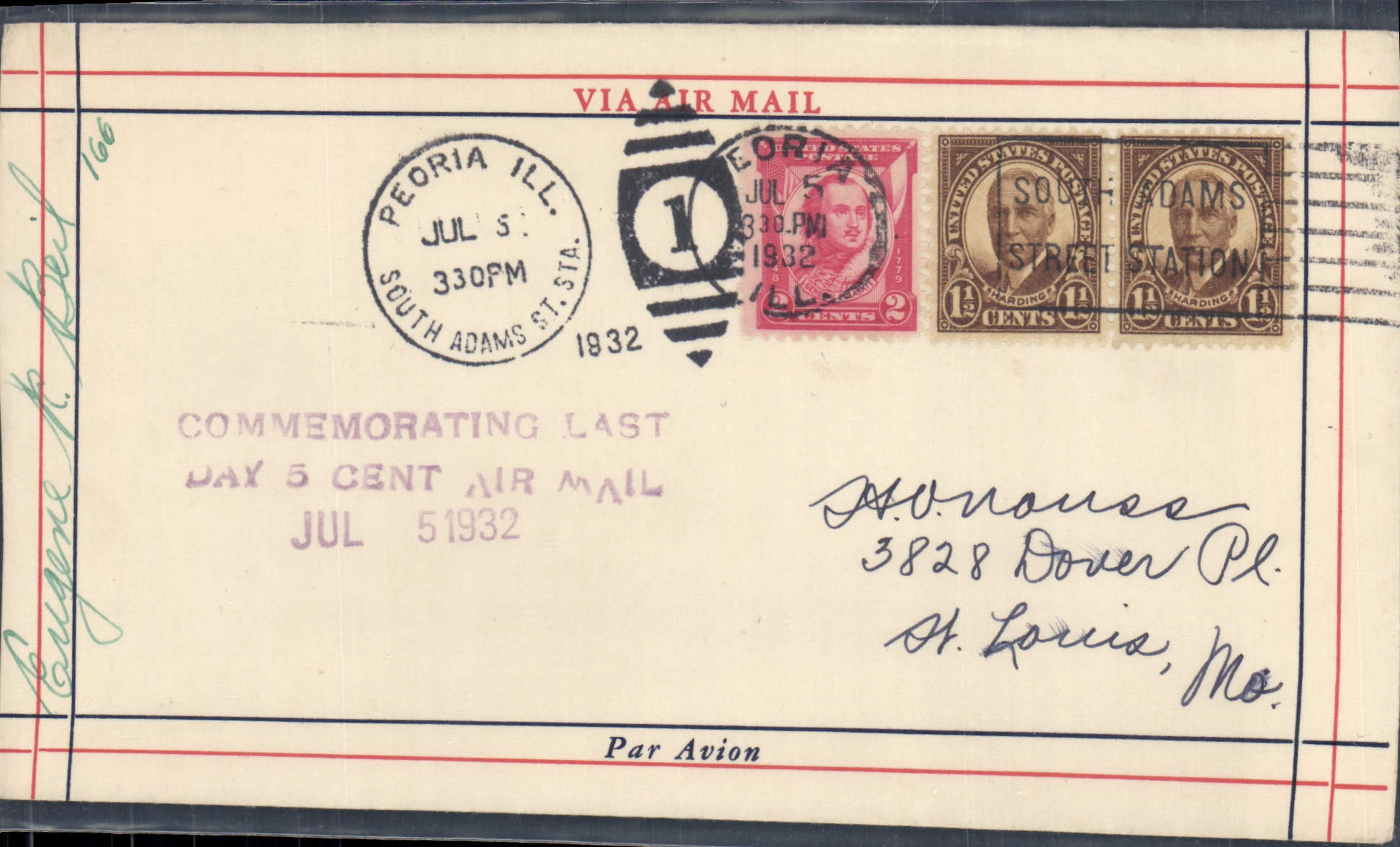 Lettre Etats Unis Peoria Ill to St Louis 7 1932