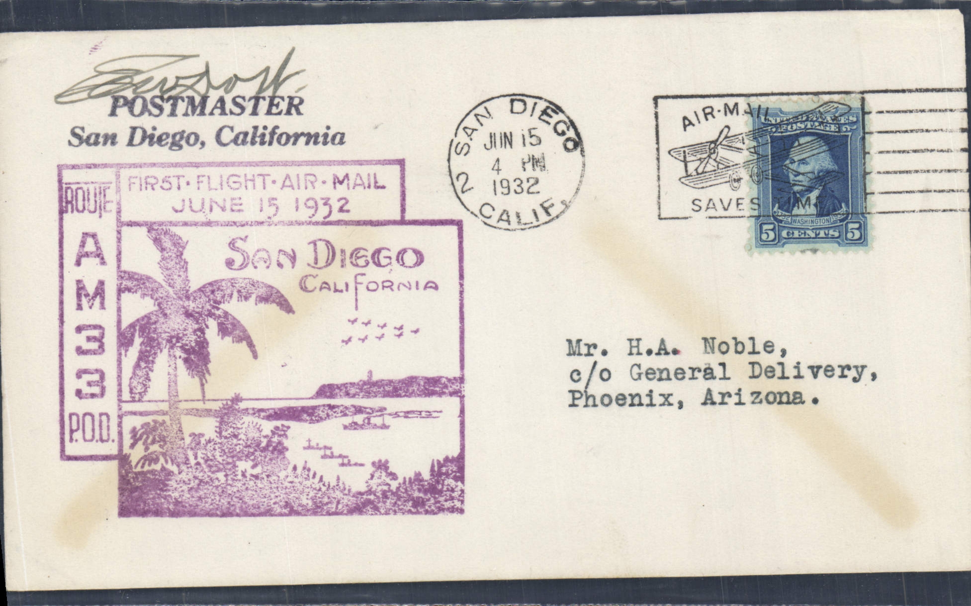 San Diego, Kalifornien — Erster Luftpostflug — Verlag unbekannt, Seriennummer AM33