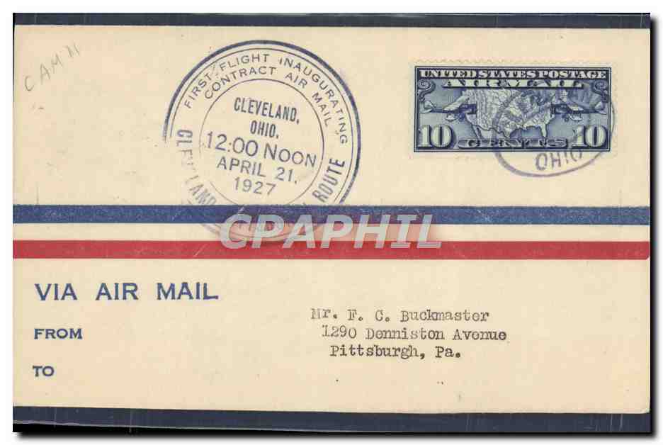 Lettre Etats Unis Cleveland Pittsburgh 21 4 1927