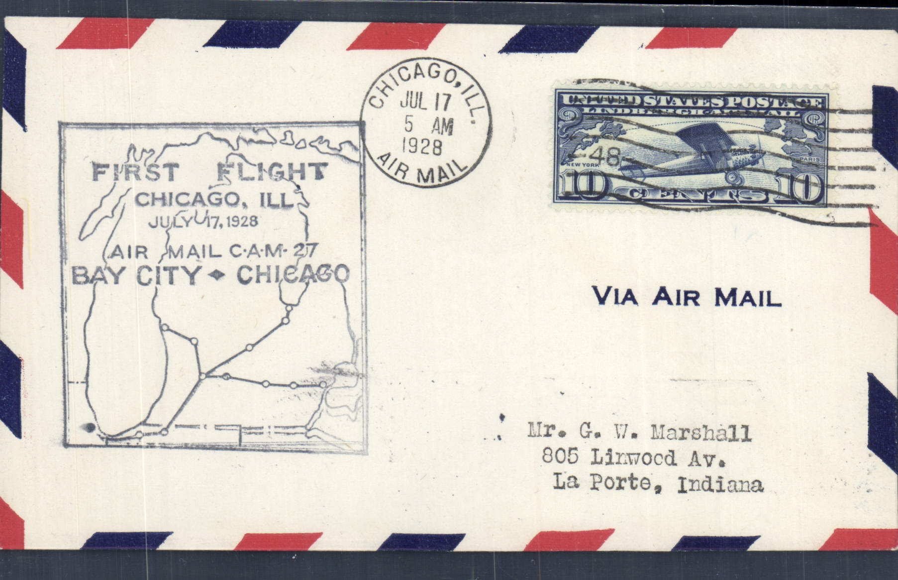 Eerste vlucht Chicago, Ill. — Bay City — Chicago — 17 juli 1928 — Luchtbrief