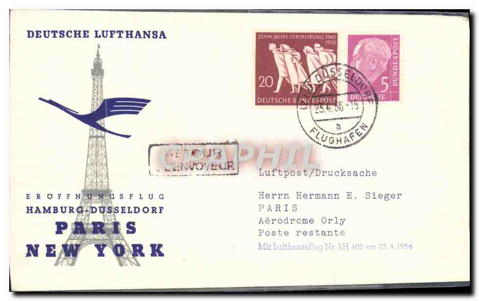 Lettre Allemagne Hamburg Dusseldorf Paris New York Tour Eiffel Lufthansa 23 4 56
