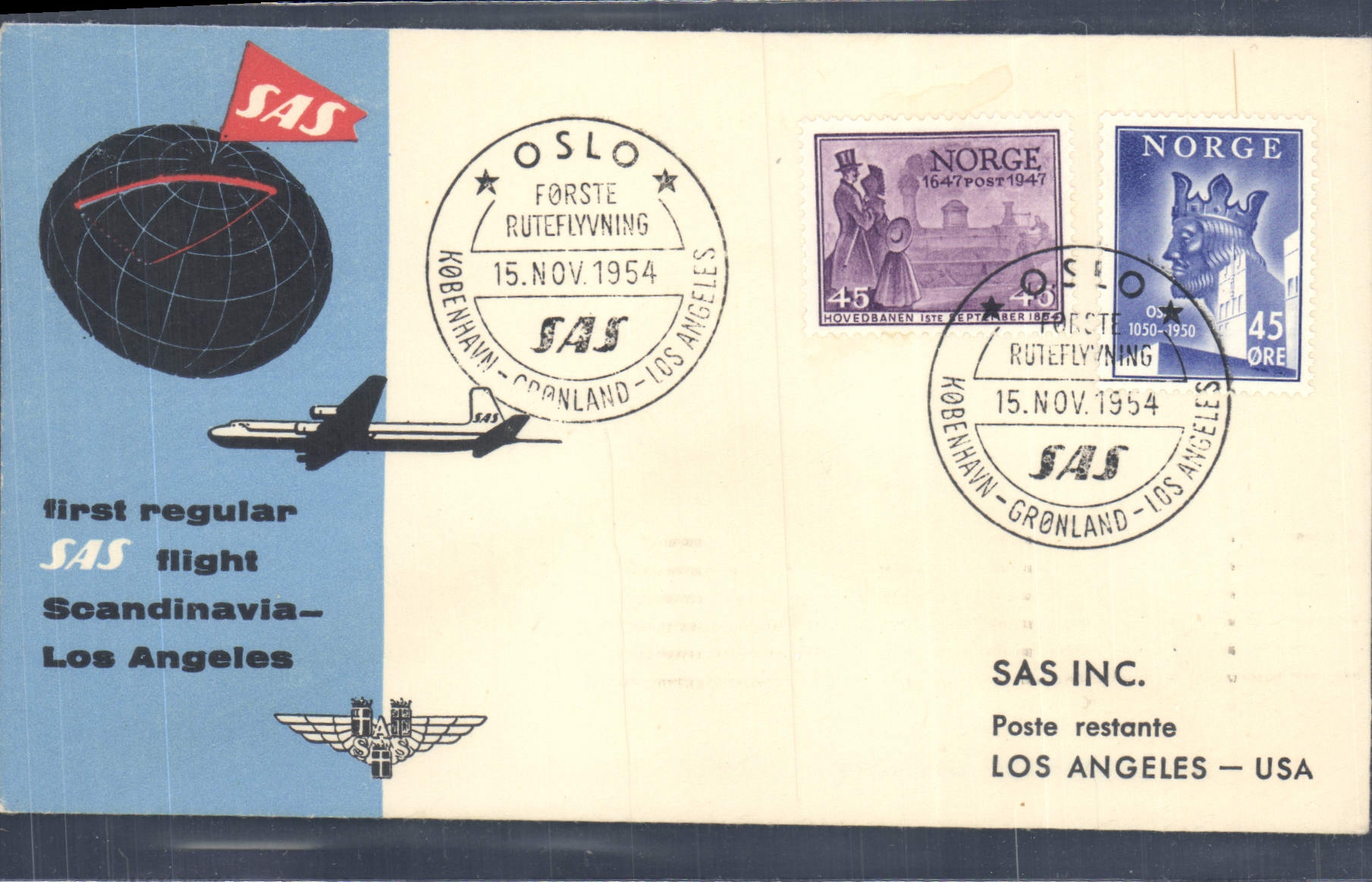 Lettre SAS Norvege to Los Angeles 15 11 54