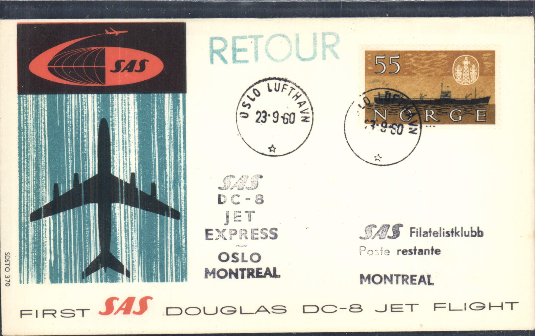 Lettre First SAS Douglas DC8 Jet flight Oslo Montreal 23 9 60