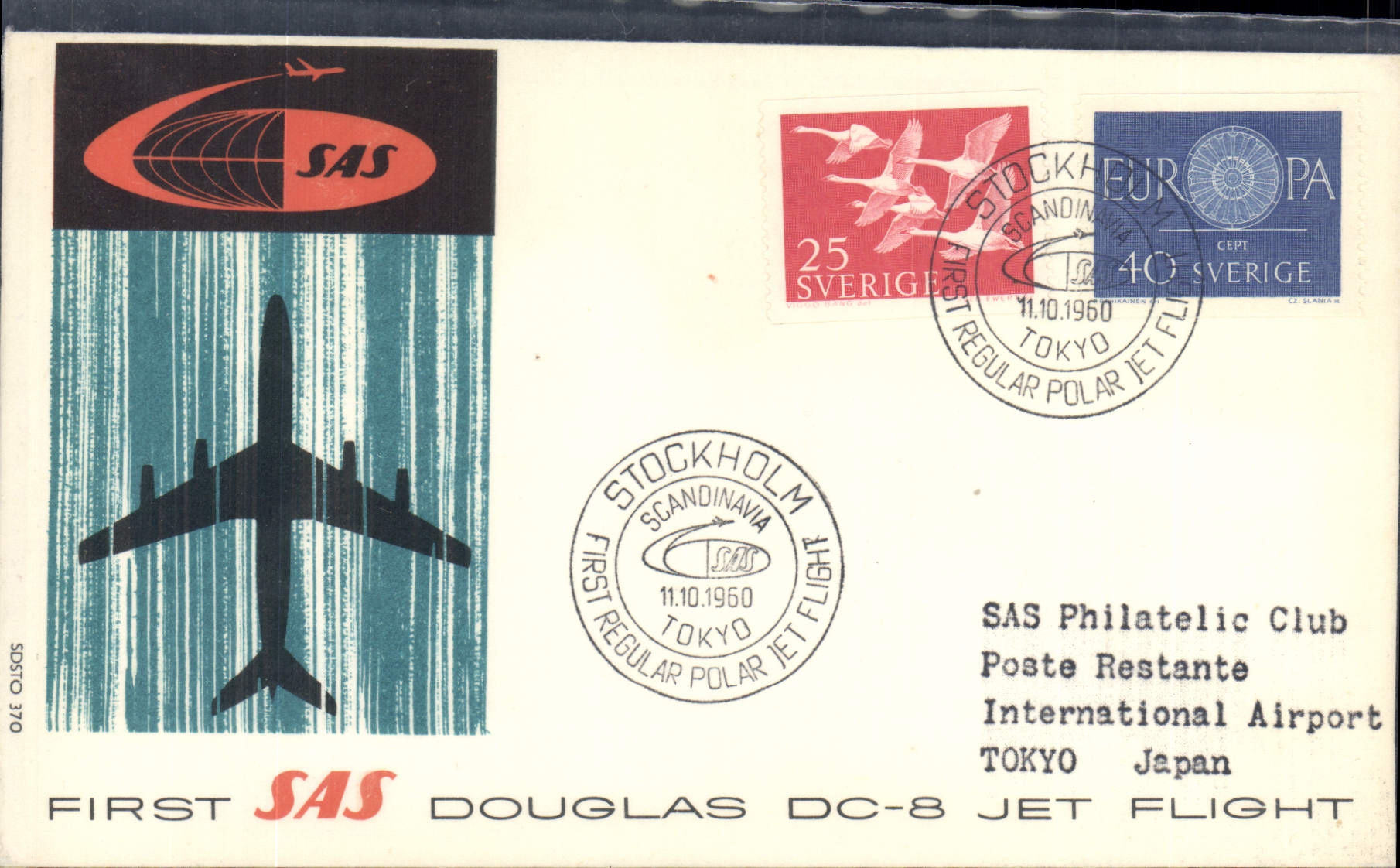 Lettre First SAS Douglas DC8 Jet flight Stockholm Tokyo 11 10 1960 Polar Flight 