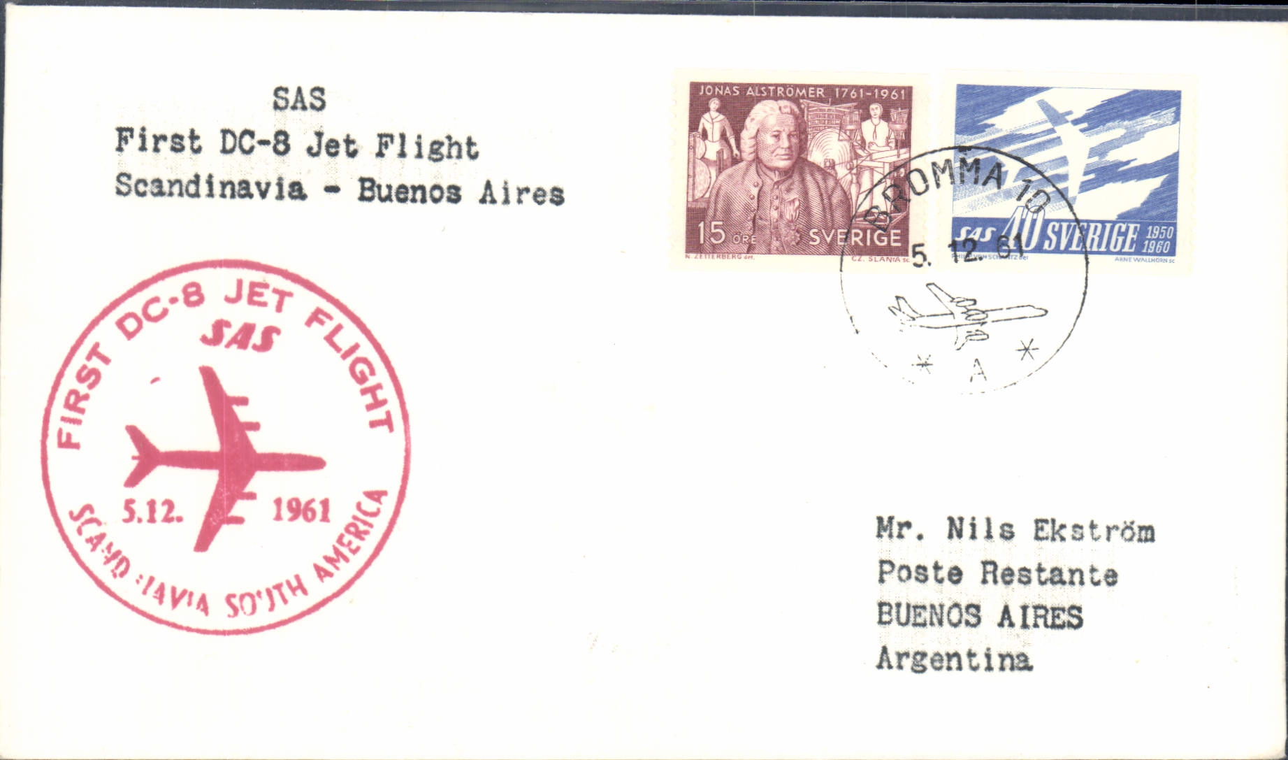 Lettre SAS First DC8 Jet Flight Scandinavia Buenos Aires 5 12 1961