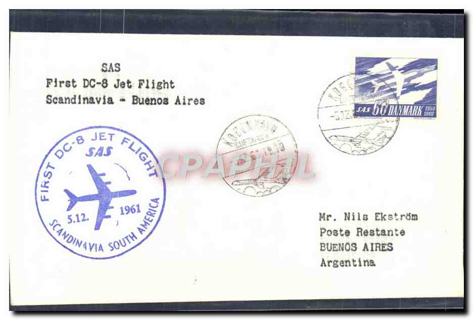 Lettre SAS First DC8 Jet Flight Scandinavia Buenos Aires 5 12 1961