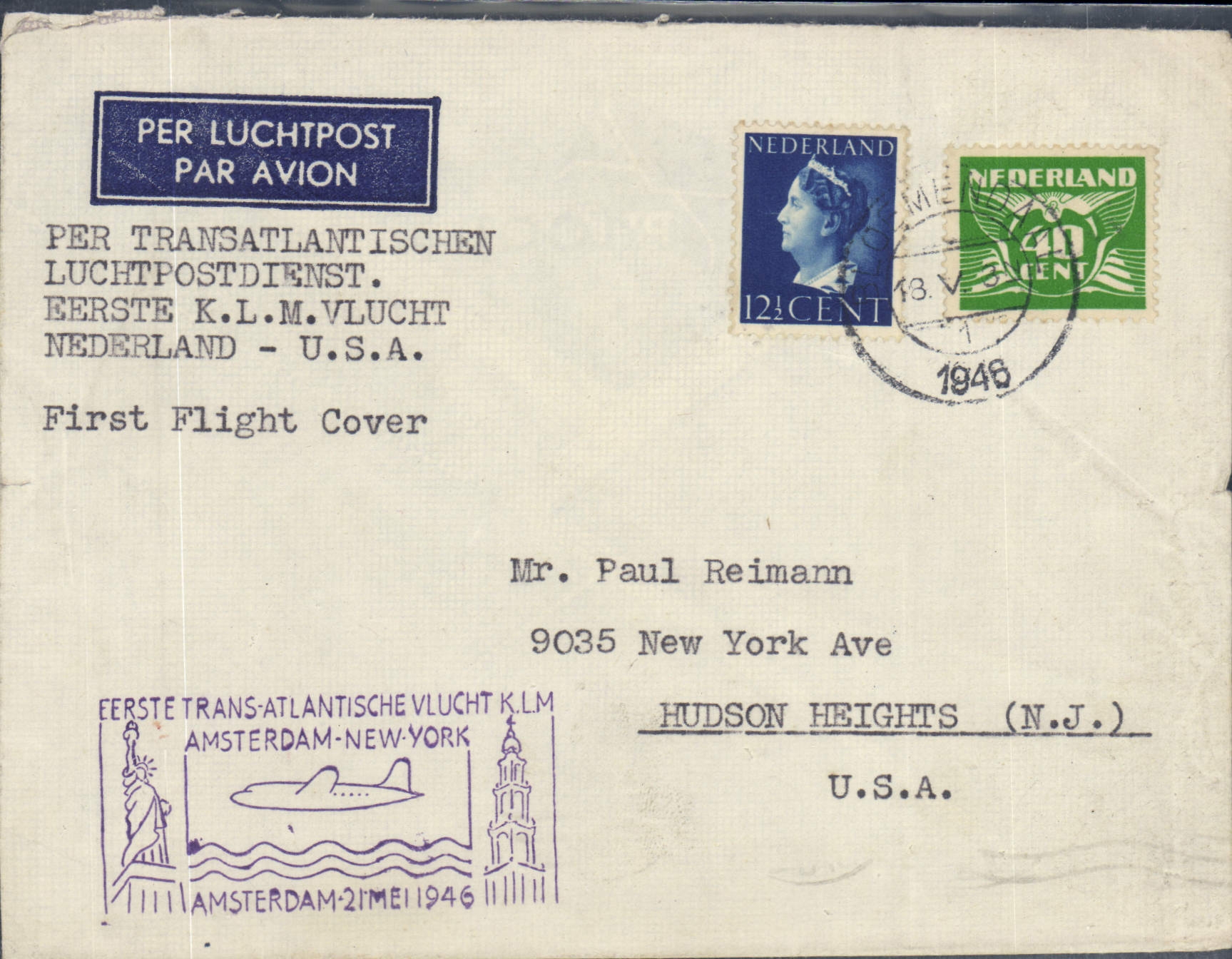 Lettre Pays Bas 1st Flight to USA 21 5 1946