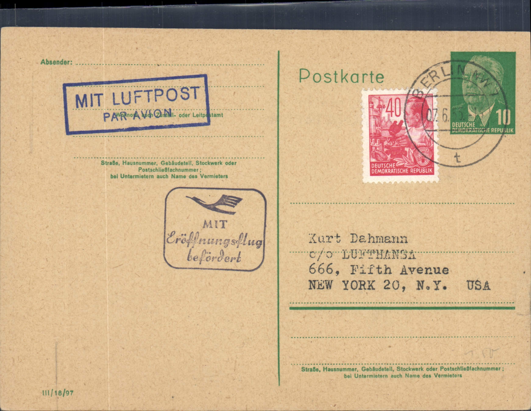 Entier Allemagne to New York 7 6 1955