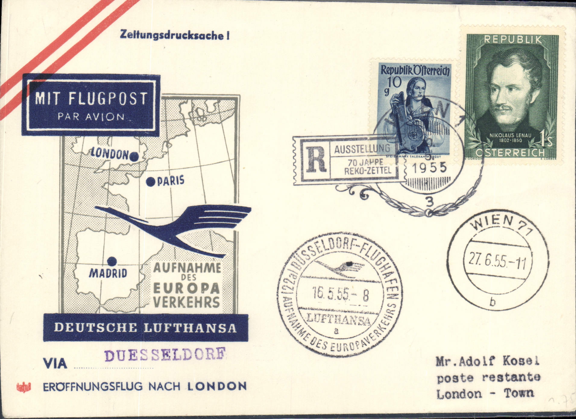 Lettre Autriche to London Dusseldorf 16 5 1955