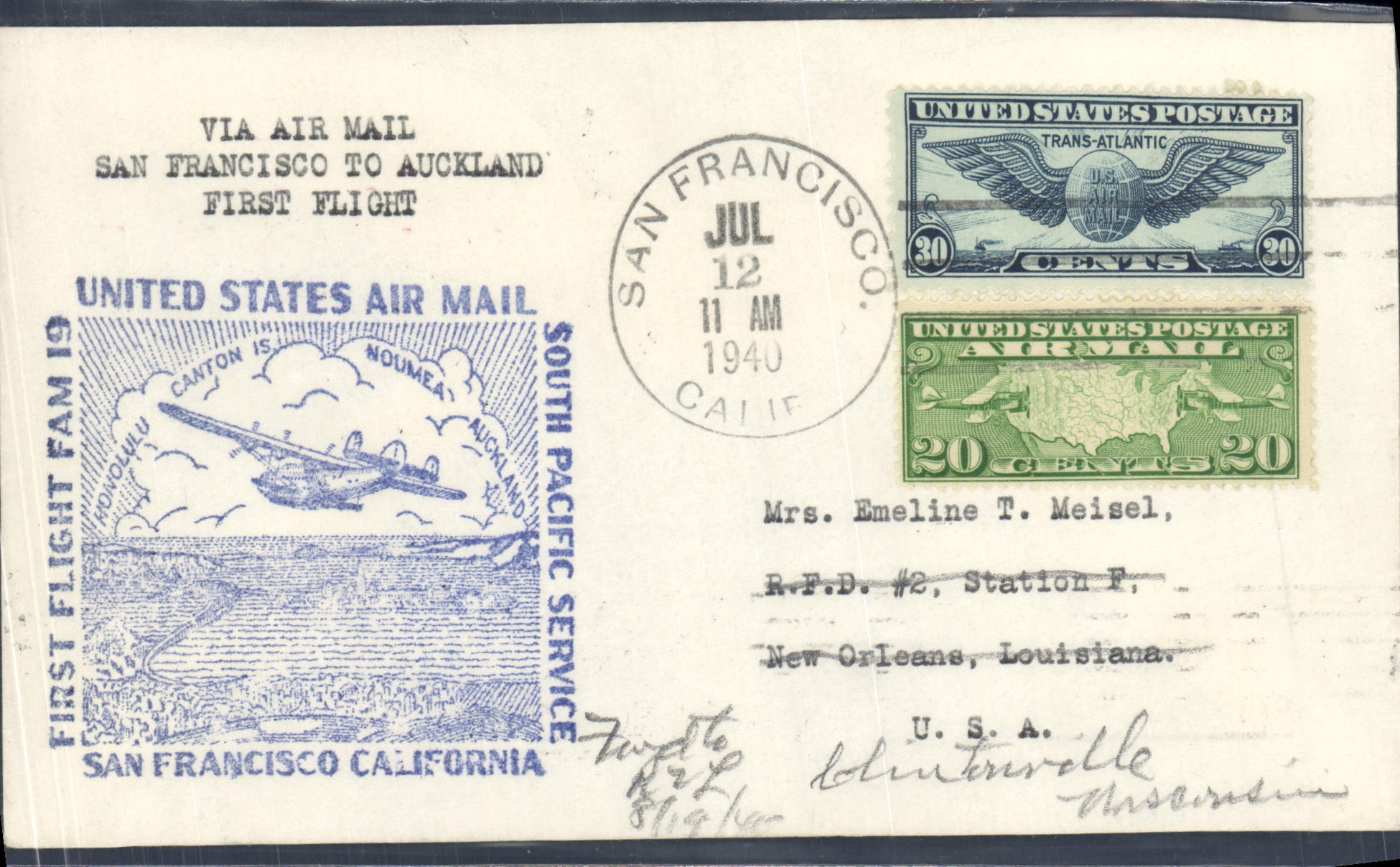 Eerste vlucht San Francisco - Auckland — Antieke ansichtkaart United States Air Mail — South Pacific Service — 1940