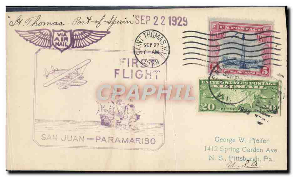 San Juan - Paramaribo — Eerste vlucht — Via luchtpost