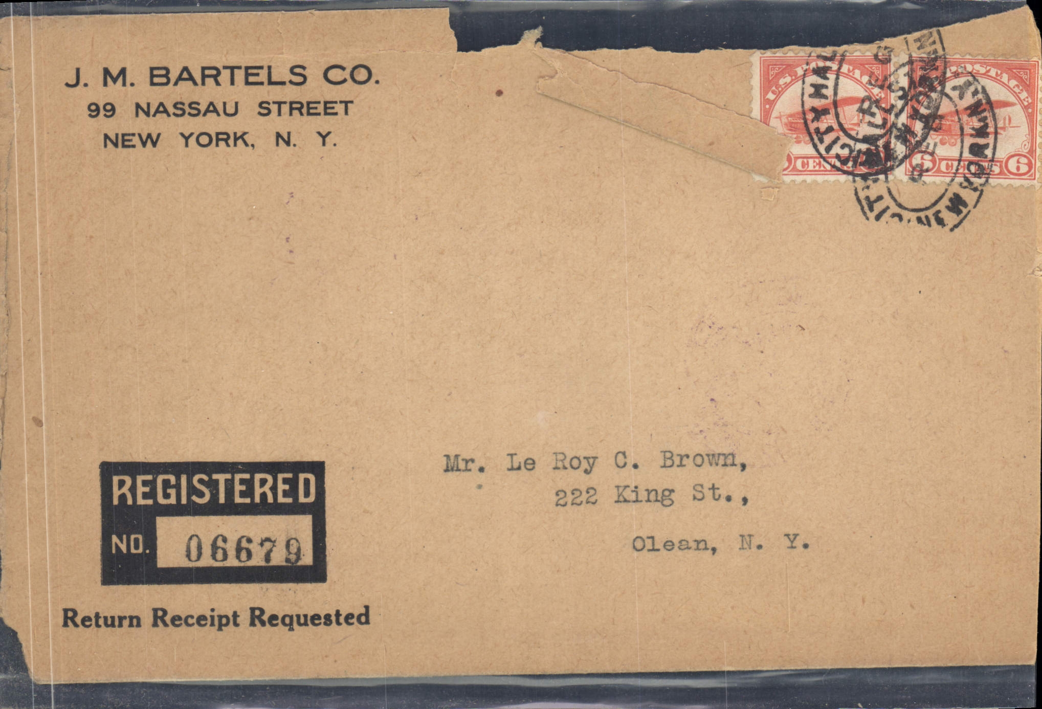 Lettre Etats Unis JM Bartels Nassau Street New York to Olean 2 7 1921