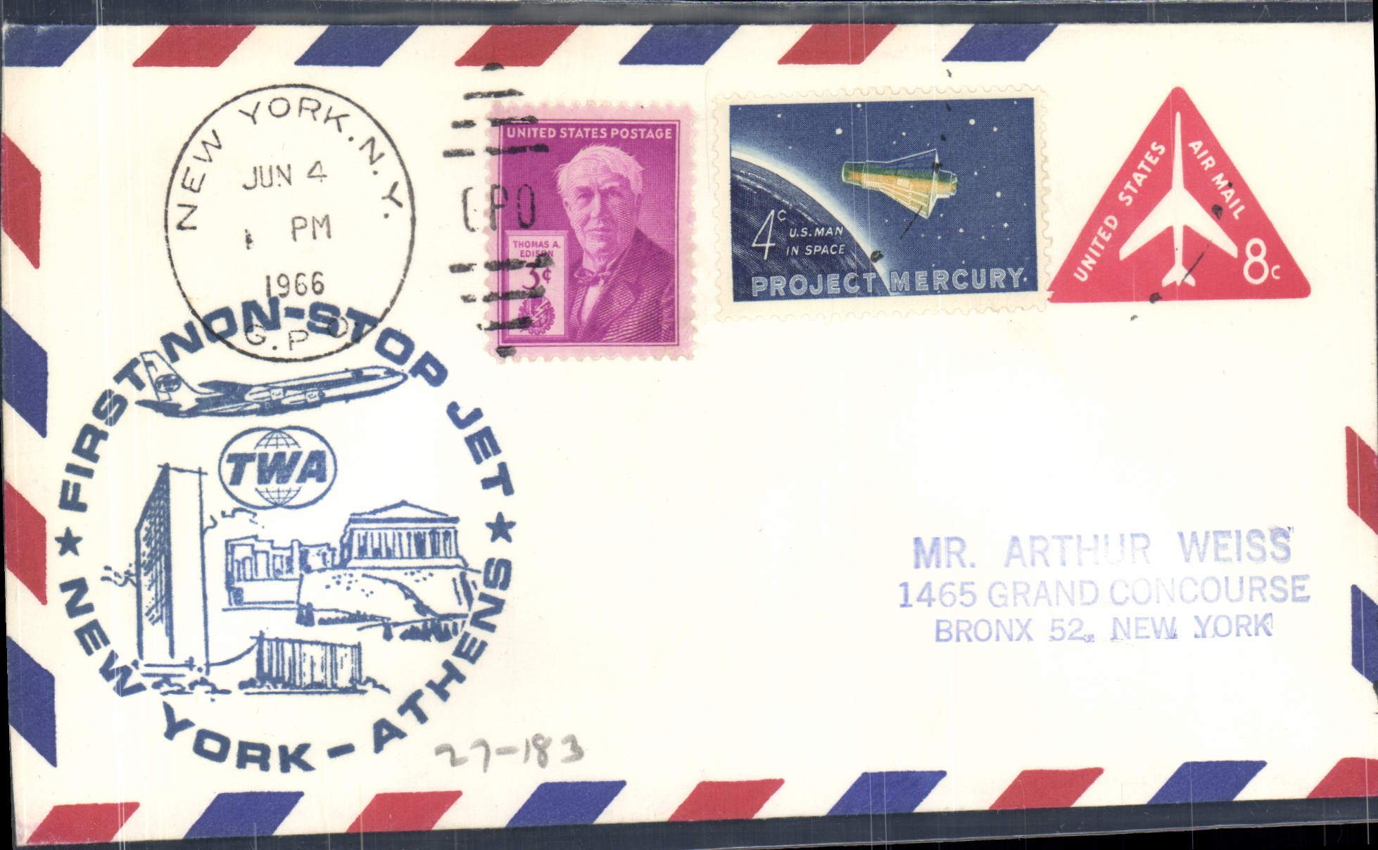New York - Athens — first non-stop jet flight TWA — publisher TWA, series number 27-183