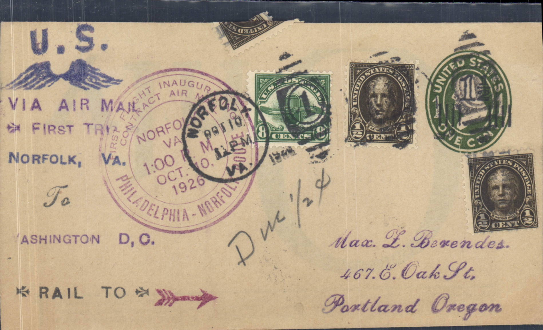 Premier vol aérien Norfolk - Philadelphie — U.S. Air Mail, 1926
