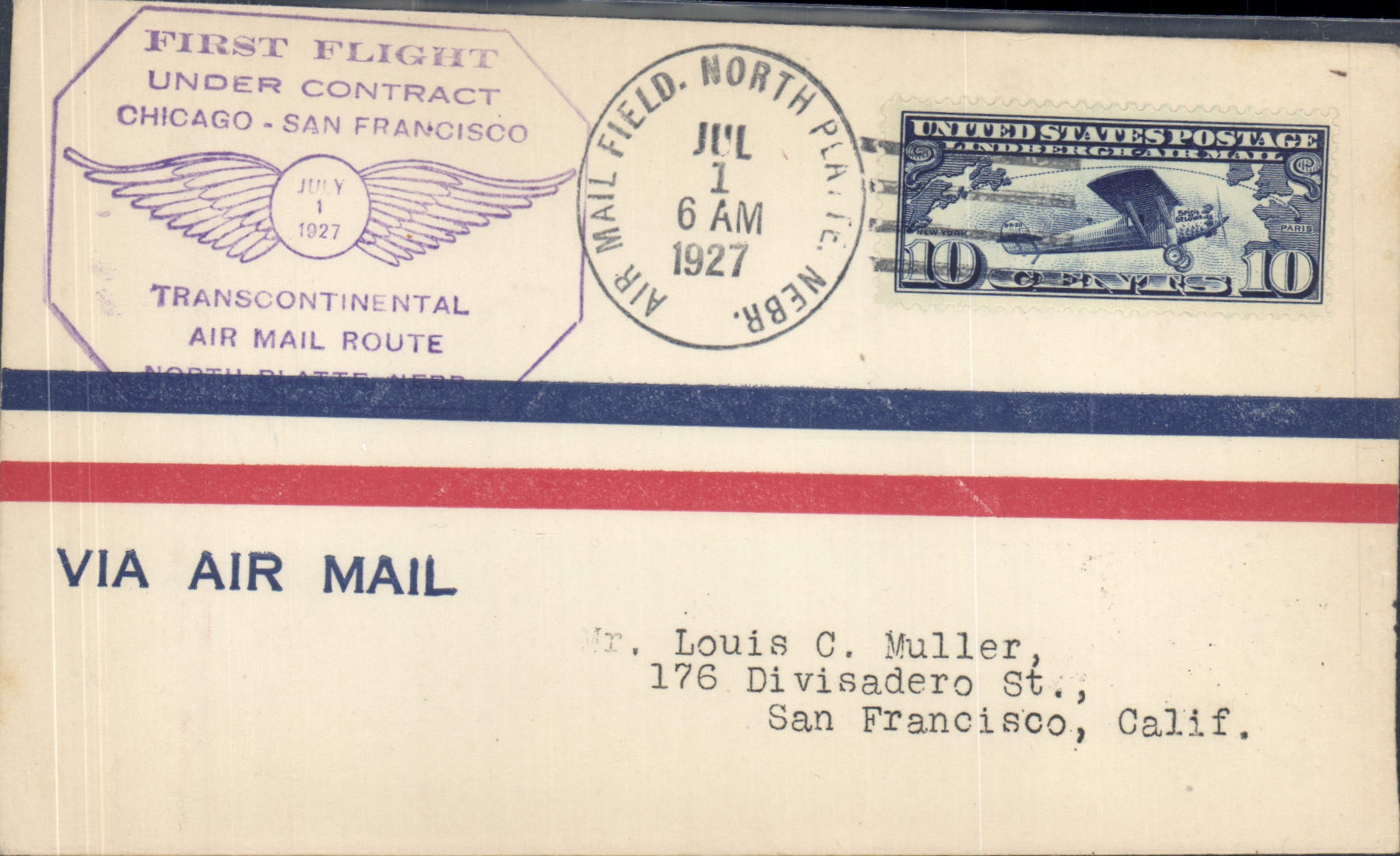 Eerste vlucht Chicago-San Francisco — Transcontinentaal — North Platte, Nebraska, 1 juli 1927 — Uitgever: Air Mail Field