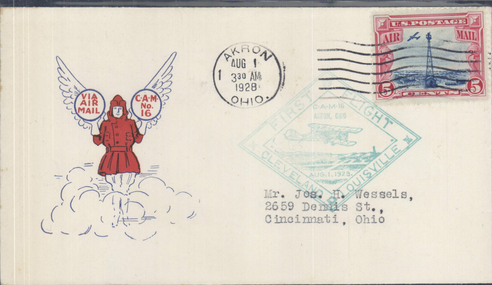 Lettre Etats Unis Akron Ohio to Cincinnati Cleveland Lousiville 1 8 1928