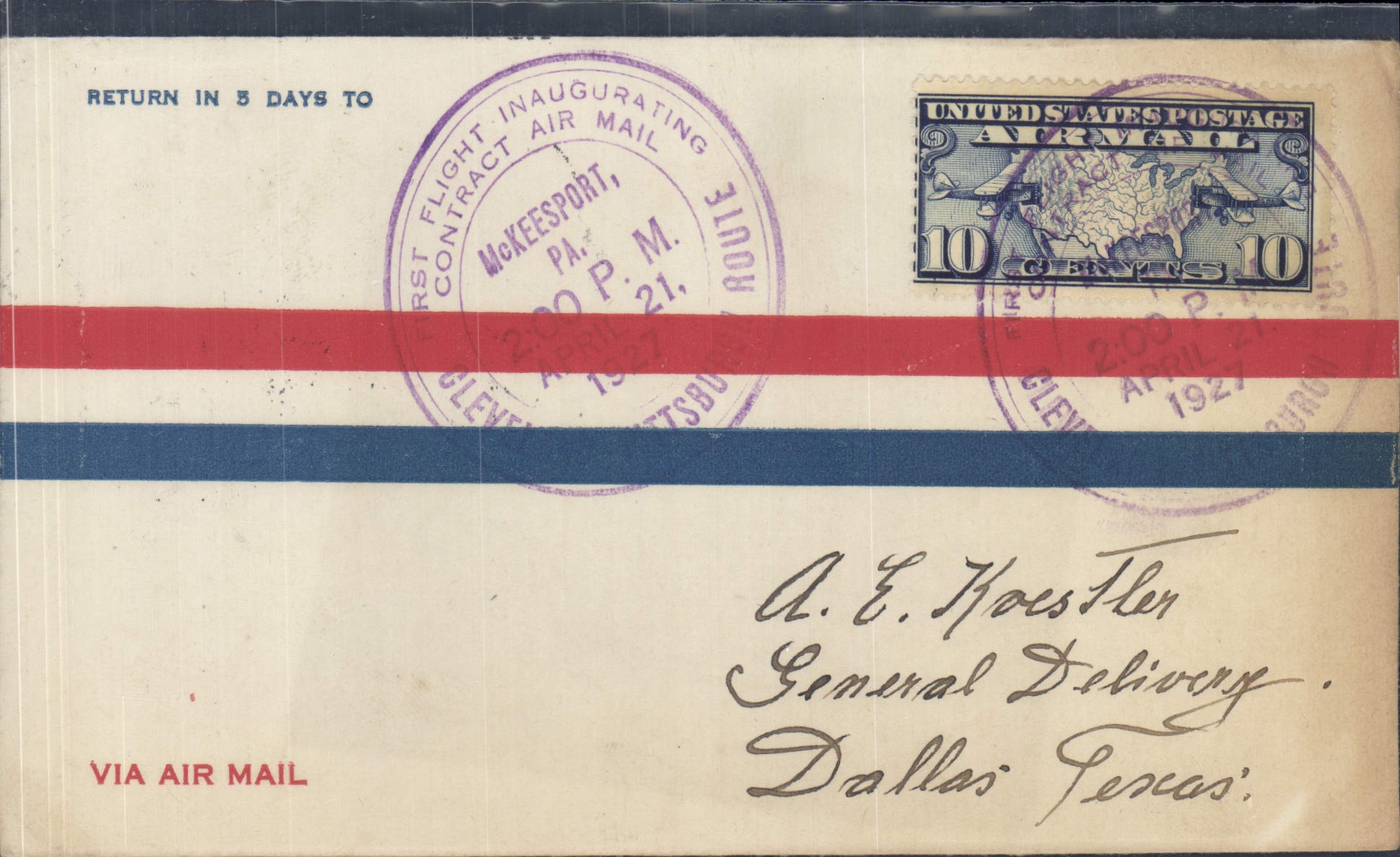 Primer vuelo aéreo contractual — McKeesport, PA — 21 de abril de 1927 — Correo de Estados Unidos
