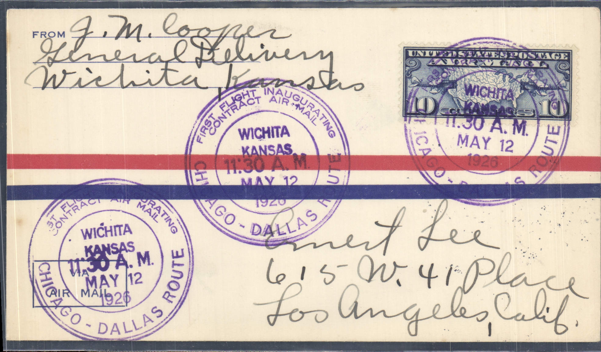 Première vol aérien Wichita-Dallas — Kansas — 11h30, 12 mai 1926 — J.M. Cooper, Wichita, Kansas