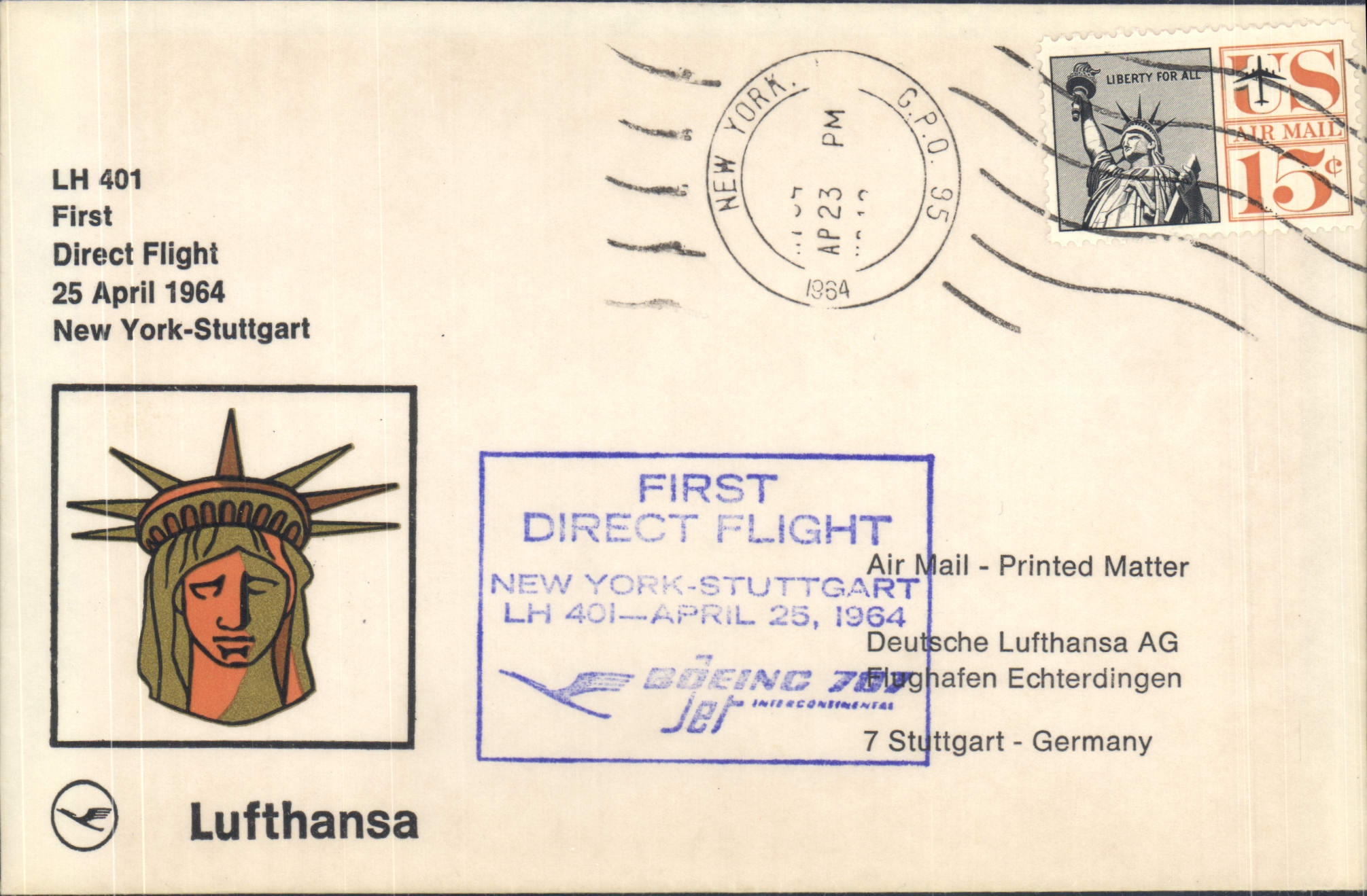 Lettre 1er Vol Etats Unis New York Stuttgart 25 4 1964