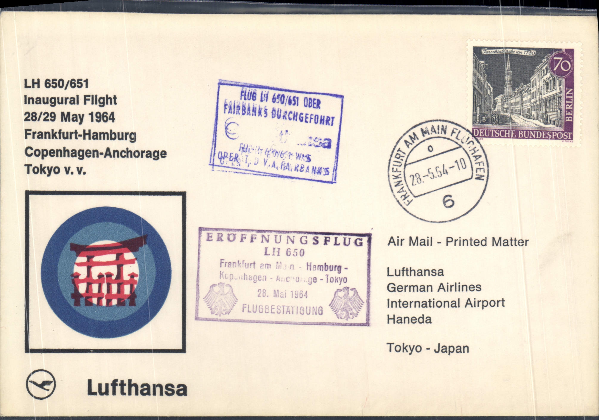 Lettre 1er Vol Frankfurt Hambourg 28 5 1964 Lufthansa