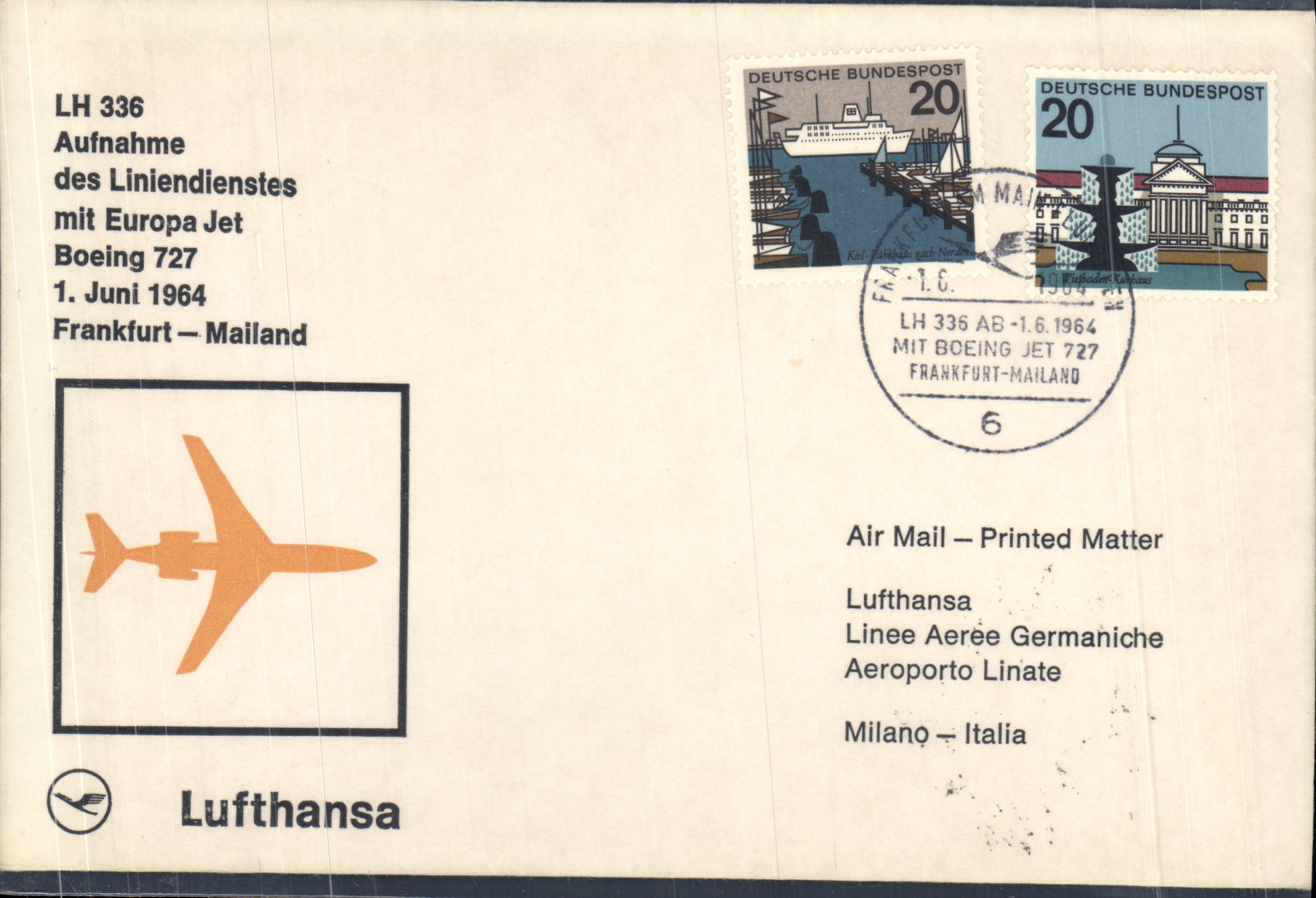 Lettre 1er Vol Frankfurt Mailand Lufthansa Boeing 727 1 6 1964